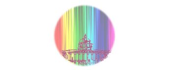 a circular image showing an outline of Nottingham Council House on a rainbow background.