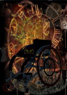 a wheelchair with wheels made of clocks zooms through a spiral of time